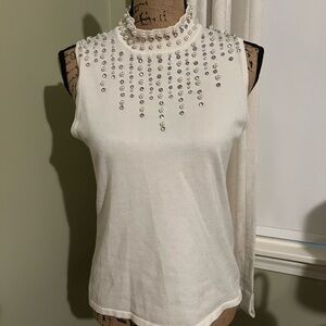 Pearl & Rhinestone Studded Ivory Sleeveless Mock Neck Top - size M, New w/Tags